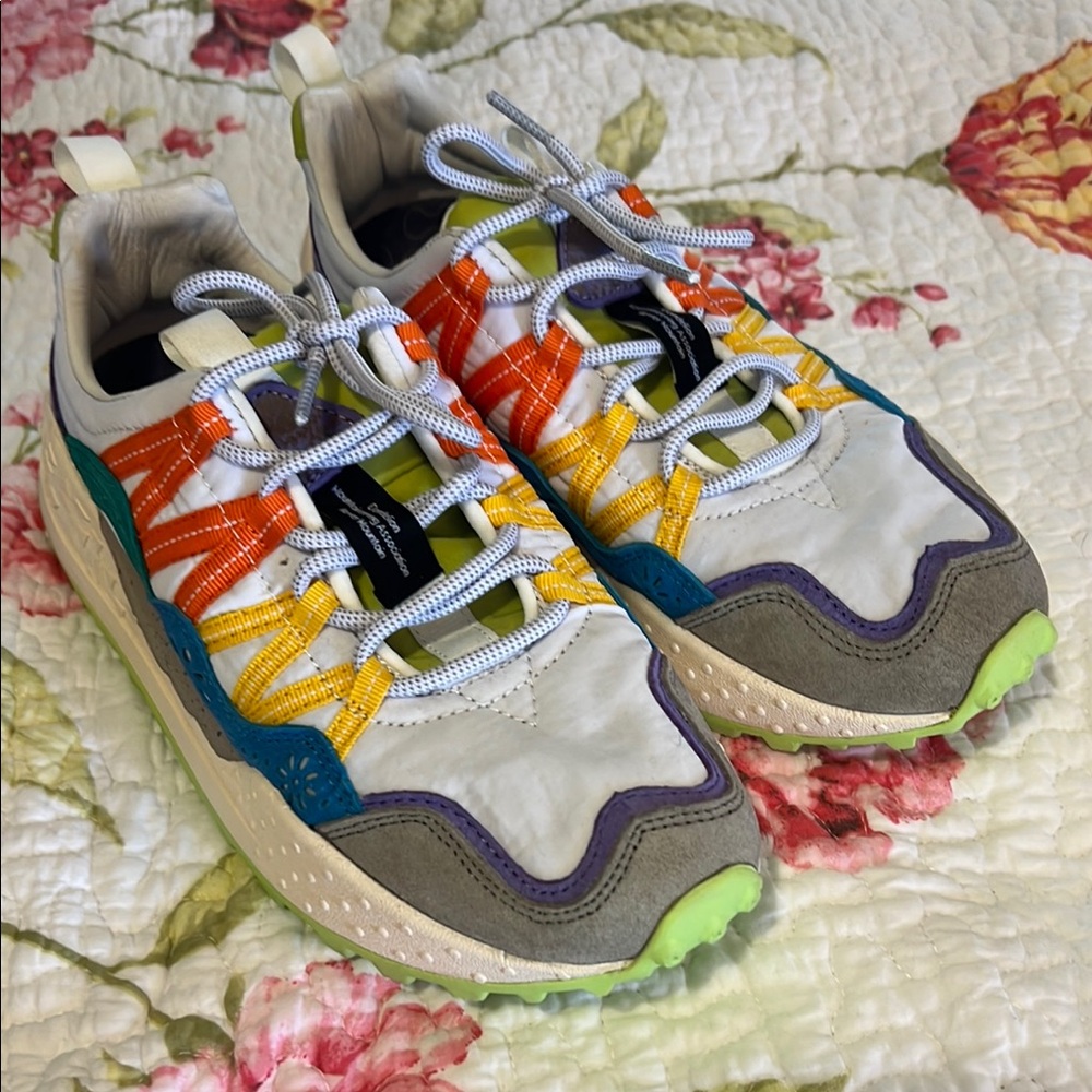 New Flower Mountain Colorful Multi-Panel Sneakers with Lime Accents